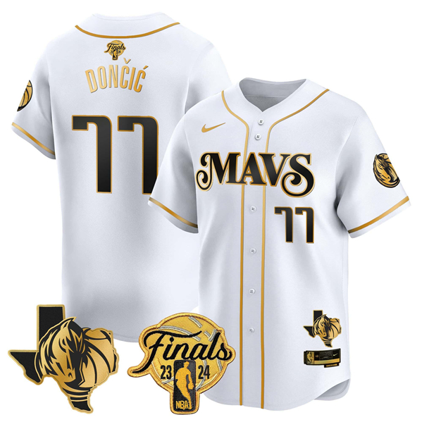Men's Dallas Mavericks #77 Luka Doncic White Gold 2024 Finals & Texas Patch Stitched Baseball Jersey Men's Dallas Mavericks #77 Luka Doncic White Gold 2024 Finals & Texas Patch Stitched Baseball Jersey